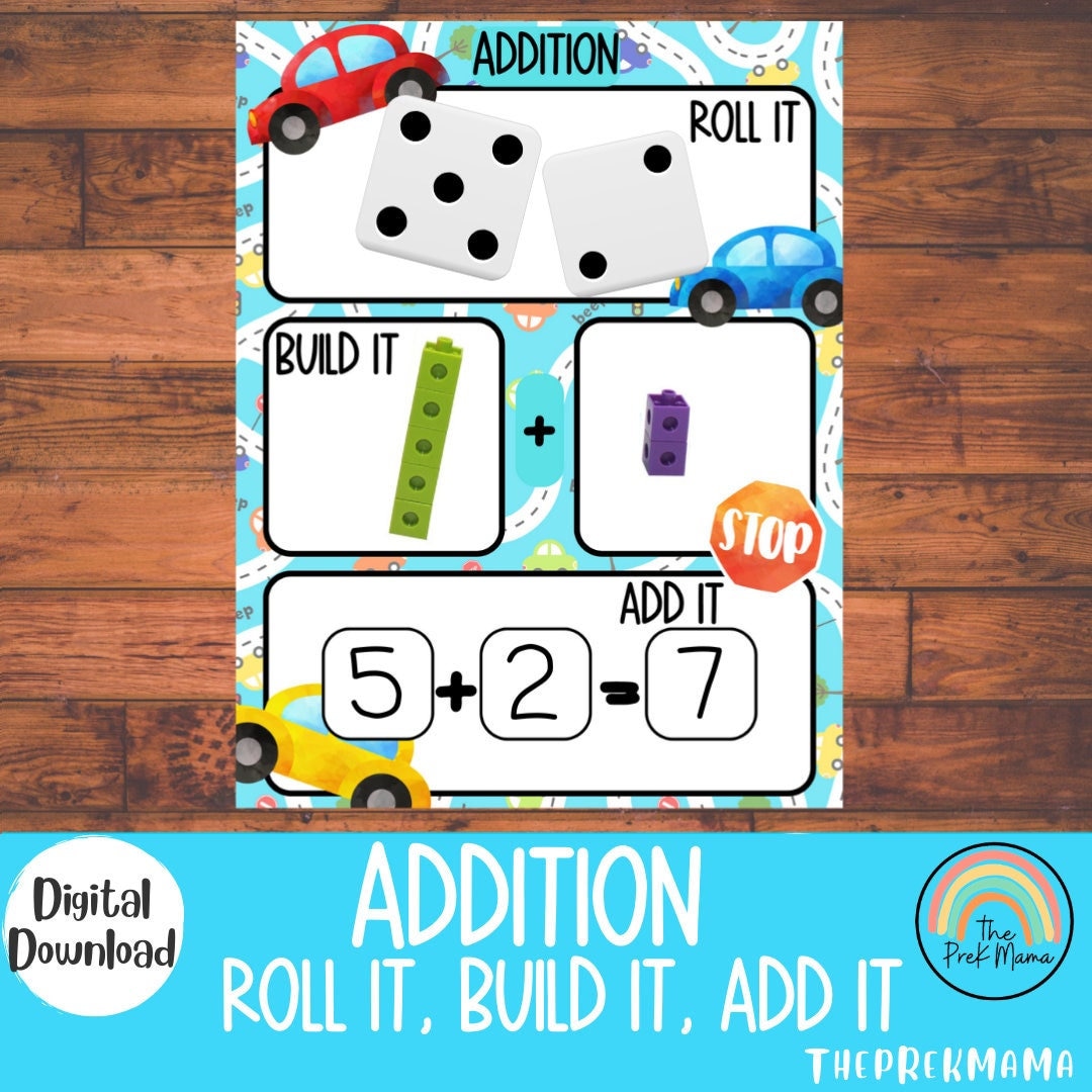Addition Worksheet, Roll It, Build It, Add It, Montessori Printable ...