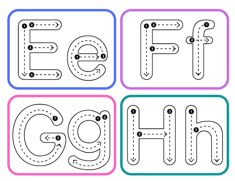 May include: A worksheet for kids to practice tracing the letters E, F, G, and H. Each letter has a dotted line path with numbers to follow. The letters are in uppercase and lowercase.