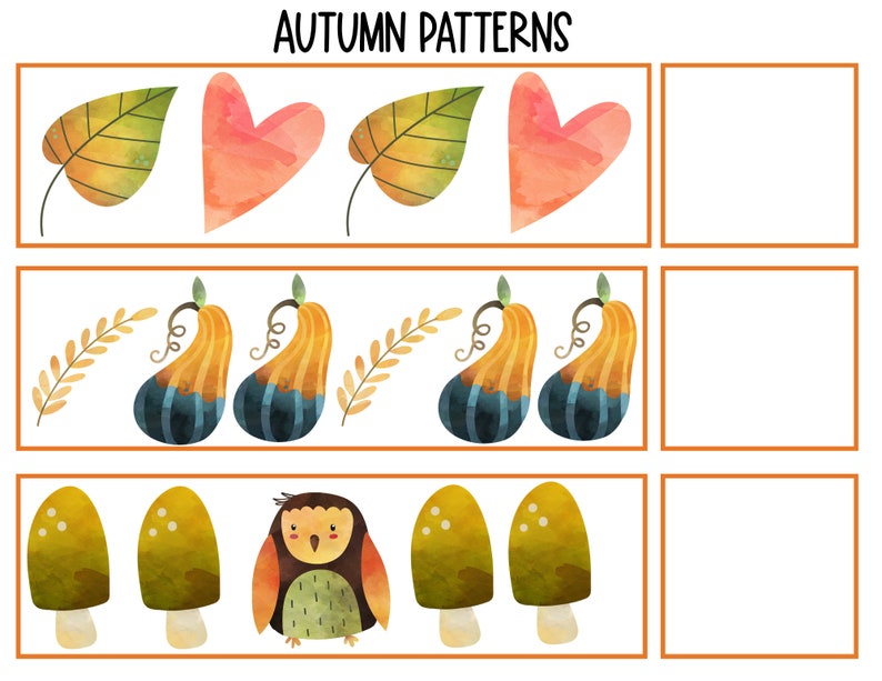 May include: A printable worksheet with the title "AUTUMN PATTERNS". The worksheet has three rows of images. The first row has a yellow and green leaf, a pink heart, a yellow and green leaf, and a pink heart. The second row has a yellow and blue gourd, a yellow and blue gourd, a yellow and blue gourd, and a yellow and blue gourd. The third row has a yellow mushroom, a yellow mushroom, a brown owl, a yellow mushroom, and a yellow mushroom.