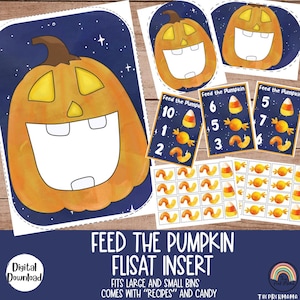 May include: A printable Halloween game for kids. The game is called "Feed the Pumpkin" and features a large pumpkin with a wide open mouth. The game includes a set of cards with numbers and candy corn and candy images. The game is designed to fit a FLISAT insert.