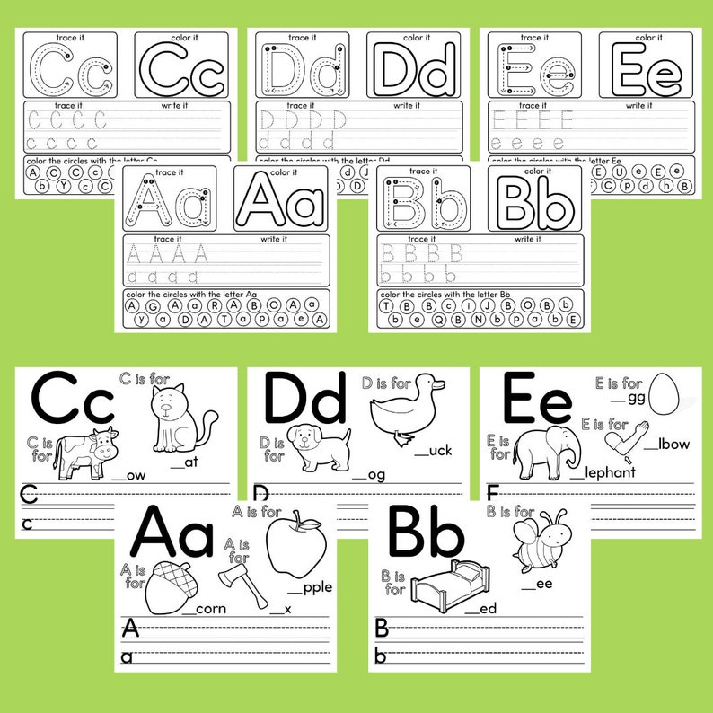 May include: Black and white printable worksheet for learning the alphabet. The worksheet includes tracing letters, coloring letters, and writing letters. The worksheet also includes pictures of objects that start with each letter and a space to write the word.