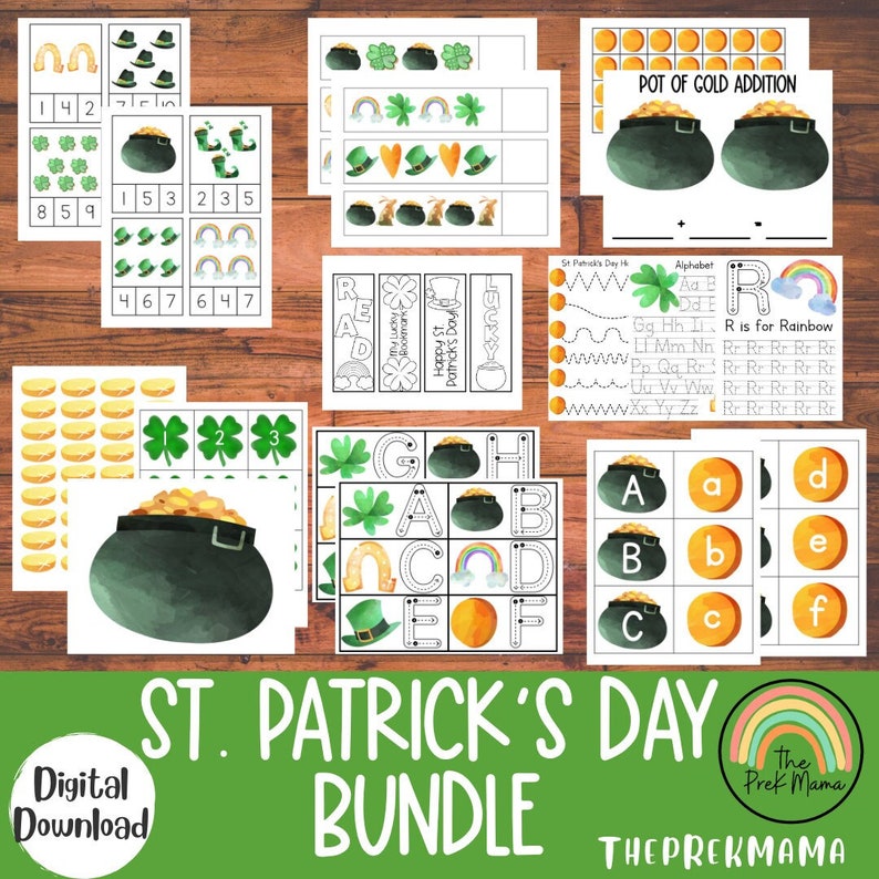 K&ouml;nnte beinhalten: Ein St. Patrick's Day-basiertes druckbares Aktivit&auml;tspaket f&uuml;r Vorschulkinder. Das Paket enth&auml;lt Arbeitsbl&auml;tter zum Z&auml;hlen, Buchstabenlernen und Nachzeichnen. Die Arbeitsbl&auml;tter zeigen Kleebl&auml;tter, Goldt&ouml;pfe und Regenb&ouml;gen.