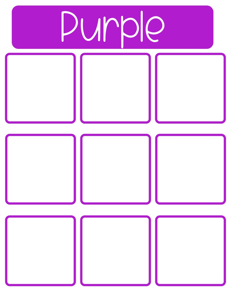 May include: A purple grid with nine blank squares, each with a purple outline. The word "Purple" is written in white at the top of the grid.