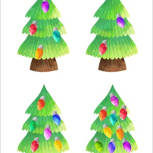 May include: Four watercolor illustrations of Christmas trees decorated with colorful lights. The trees are green with brown trunks and are decorated with red, orange, yellow, green, blue, purple, and pink lights.