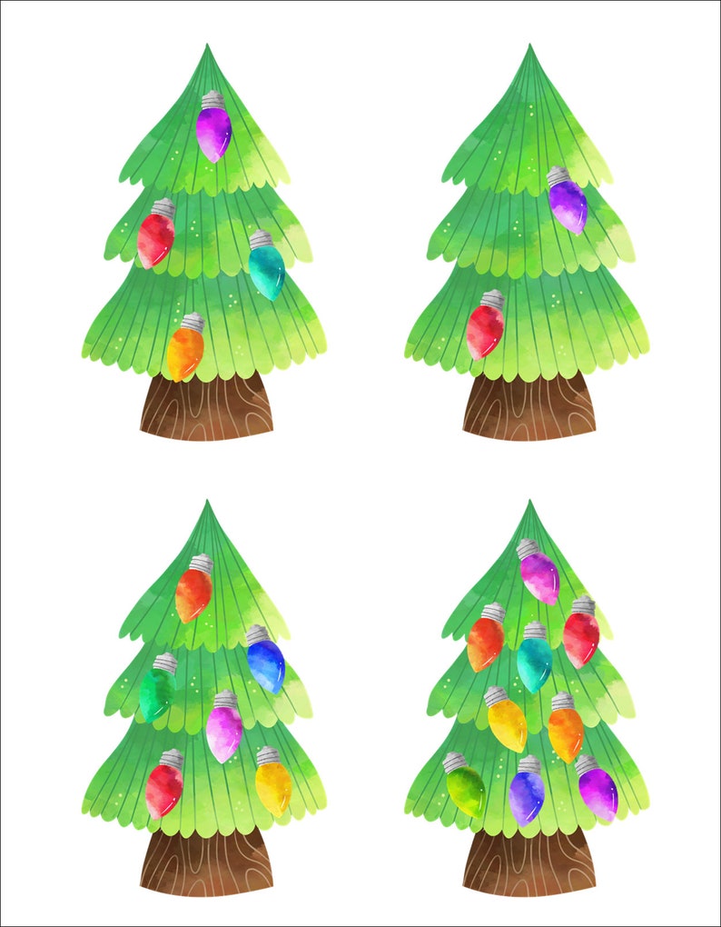 May include: Four watercolor illustrations of Christmas trees decorated with colorful lights. The trees are green with brown trunks and are decorated with red, orange, yellow, green, blue, purple, and pink lights.