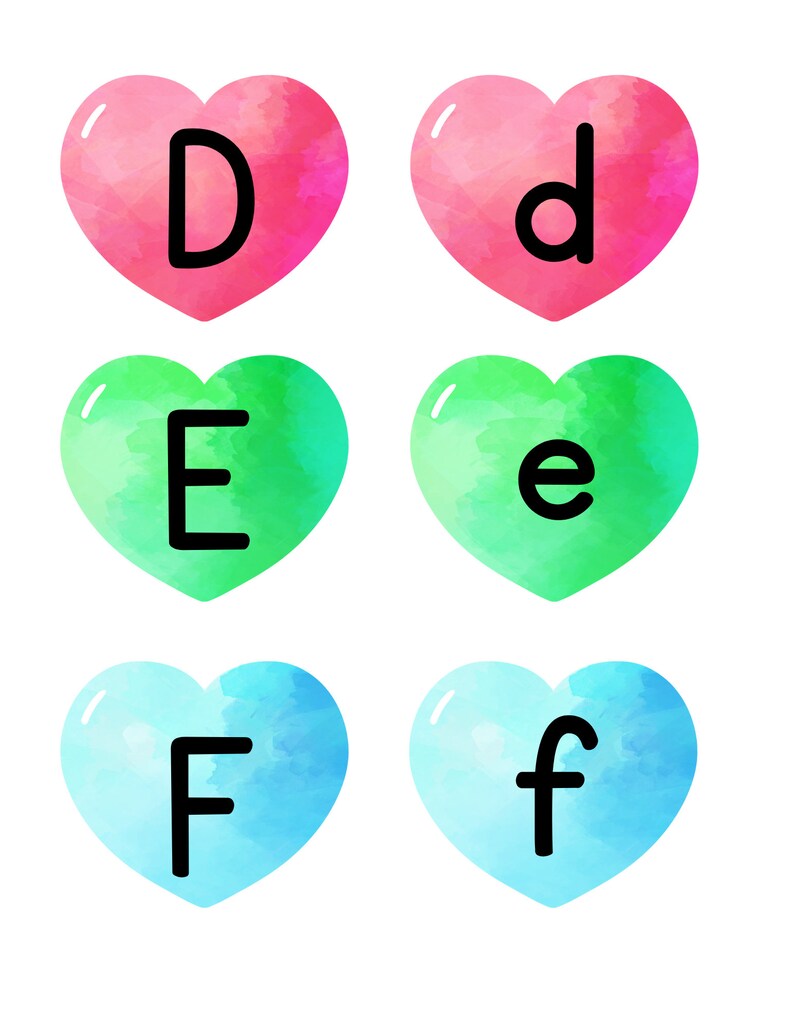 May include: Six watercolor hearts with the letters D, E, and F in uppercase and lowercase. The hearts are pink, green, and blue.