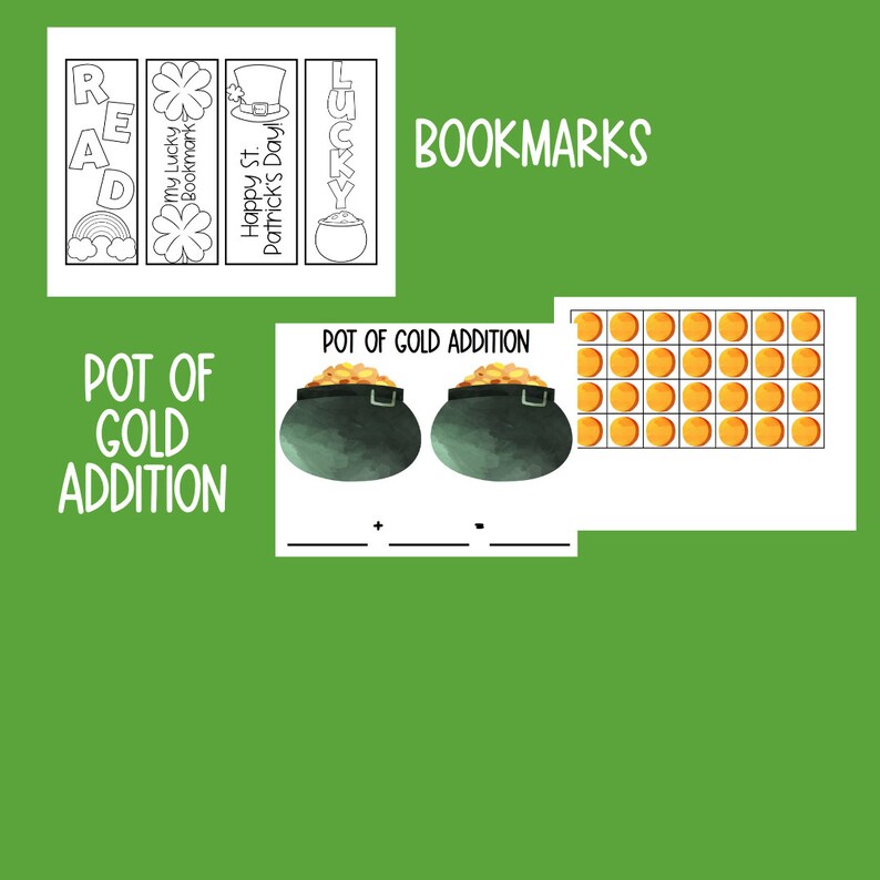 K&ouml;nnte beinhalten: Ein druckbares Arbeitsblatt f&uuml;r Kinder, um das Addieren mit einem St. Patrick's Day-Thema zu &uuml;ben. Das Arbeitsblatt zeigt zwei Goldt&ouml;pfe mit Goldm&uuml;nzen und ein Gitter mit Goldm&uuml;nzen zum Z&auml;hlen. Der Text "Pot of Gold Addition" steht oben auf dem Arbeitsblatt.
