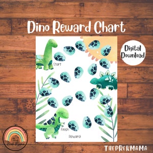 Puede incluir: Un gráfico de recompensas de dinosaurio imprimible con un camino de huellas de dinosaurio verde. El gráfico presenta un dinosaurio verde al principio y un dinosaurio verde al final. El gráfico también incluye un sol con una cara sonriente. El texto en el gráfico dice "Dino Reward Chart", "Start", "Finish", y "Reward".