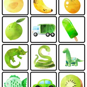 May include: A set of nine watercolor illustrations featuring various objects in yellow and green. The illustrations include a duck, banana, tomato, lime, garbage truck, popsicle, lizard, snake, dinosaur, fish, car, and kiwi.