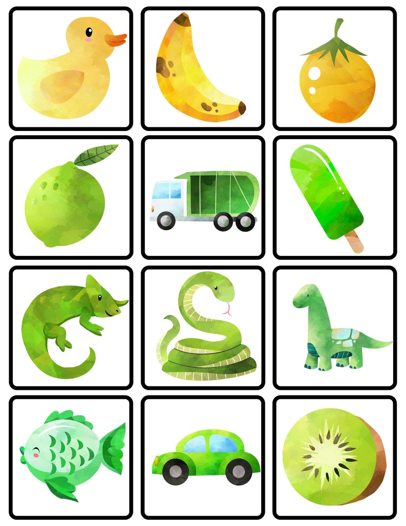 May include: A set of nine watercolor illustrations featuring various objects in yellow and green. The illustrations include a duck, banana, tomato, lime, garbage truck, popsicle, lizard, snake, dinosaur, fish, car, and kiwi.