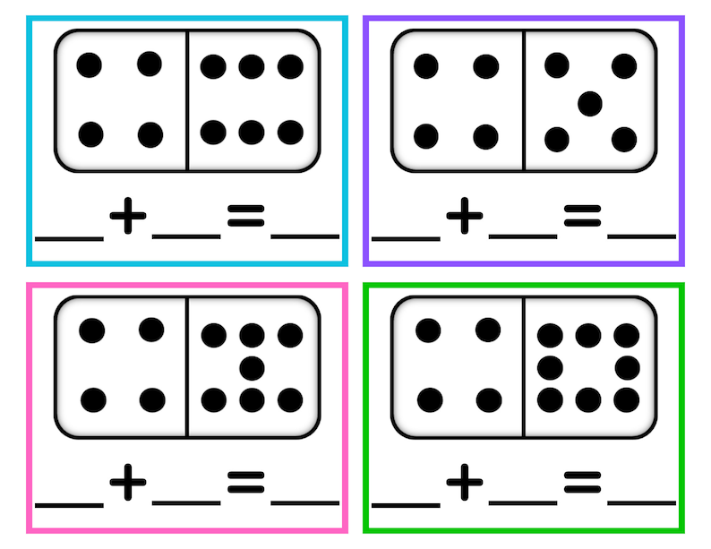 May include: Four dominoes with different numbers of spots on each side. The dominoes are arranged in two rows of two, with the top row showing the addition problem and the bottom row showing the answer. The dominoes are on a white background with a colourful border around each domino.