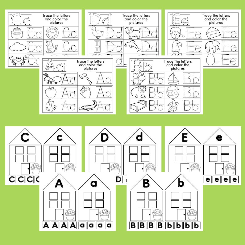 May include: Black and white printable worksheet for tracing the letters C, D, and E. Each letter is shown in uppercase and lowercase. The worksheet includes pictures to color that start with each letter.