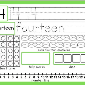May include: A worksheet for learning the number fourteen. It includes a ten frame, tally marks, dice, and a number line. The word "fourteen" is written out and there is a space to practice writing the number.