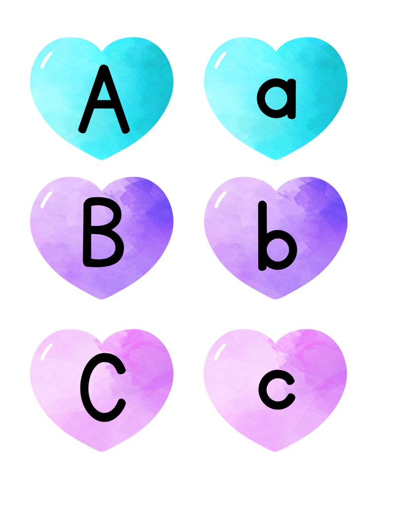May include: Six watercolor hearts with the letters A, a, B, b, C, and c in black.