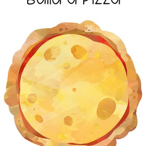 K&ouml;nnte beinhalten: Eine Aquarell-Illustration einer Pizzakruste mit Tomatensauce und geschmolzenem K&auml;se. Der Text "Build a Pizza" befindet sich &uuml;ber der Pizza.