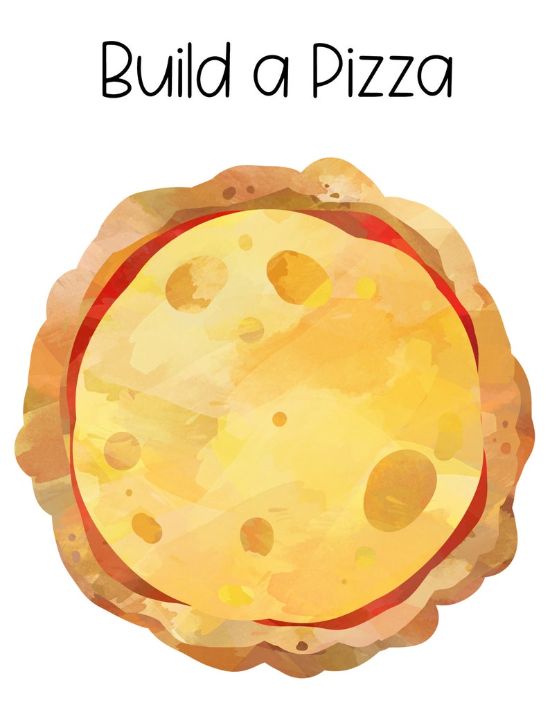 K&ouml;nnte beinhalten: Eine Aquarell-Illustration einer Pizzakruste mit Tomatensauce und geschmolzenem K&auml;se. Der Text "Build a Pizza" befindet sich &uuml;ber der Pizza.