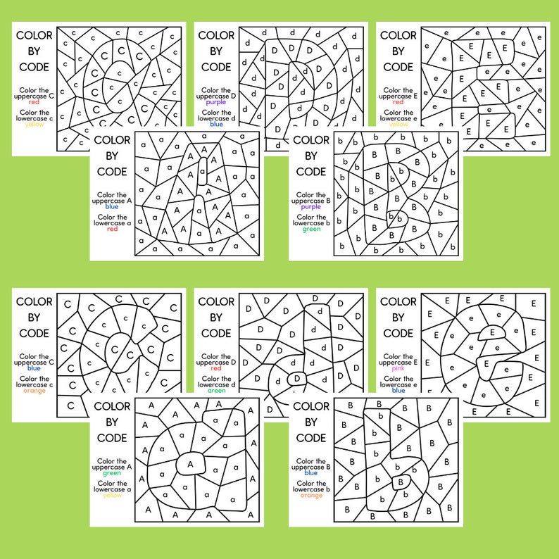 May include: Color by code activity for kids featuring the letters C, D, and E. Each letter is broken into sections with a color code to follow. The uppercase letters are to be colored red, purple, and pink, while the lowercase letters are to be colored blue, green, and orange.