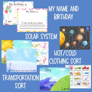 K&ouml;nnte beinhalten: Ein Satz druckbarer Lernspiele f&uuml;r Kinder mit bunten Illustrationen und Aktivit&auml;ten. Die Arbeitsbl&auml;tter beinhalten eine Seite mit Namen und Geburtstag, eine Seite mit dem Sonnensystem, eine Sortierung von warmer/kalter Kleidung, eine Sortierung von Transportmitteln und eine Seite mit Himmel, Wasser und Land.