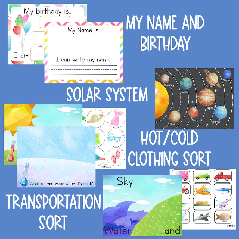 K&ouml;nnte beinhalten: Ein Satz druckbarer Lernspiele f&uuml;r Kinder mit bunten Illustrationen und Aktivit&auml;ten. Die Arbeitsbl&auml;tter beinhalten eine Seite mit Namen und Geburtstag, eine Seite mit dem Sonnensystem, eine Sortierung von warmer/kalter Kleidung, eine Sortierung von Transportmitteln und eine Seite mit Himmel, Wasser und Land.