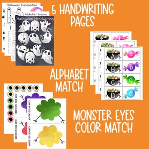 May include: Five printable Halloween-themed educational activity pages for kids. The pages include alphabet matching, monster eye color matching, and handwriting practice with numbers and letters.