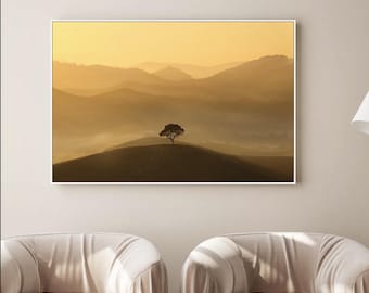 Golden Sunrise Landscape Print, Minimalist Nature Wall Art,  Tranquil Home Decor,