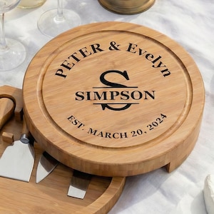 Engraved Round Cheese Board with Knives, Custom Charcuterie Set, Personalized Gift for Couples