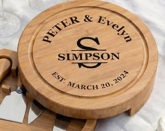 Engraved Round Cheese Board with Knives, Custom Charcuterie Set, Personalized Gift for Couples