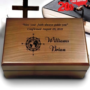 Engraved CONFIRMATION Wooden Box, Compasses with Scripture for First Communion Keepsake Box, BAPTISM GIFT for Boys, Bible Verse Gift