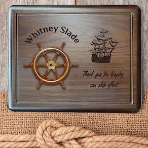 Ship Wheel on Walnut Plaque, Engraved Sailing Ship Maritime Decor, Sailing Gift, Sailor Retirement Gift, Gift for Sailor, Nautical Gift