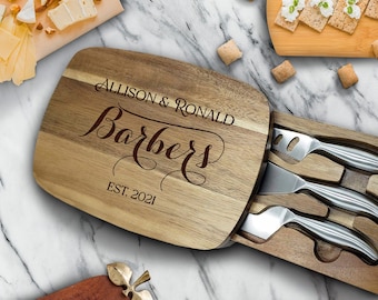 Cheese Board - Personalized Serving Tray with Knife Set - Wedding or Anniversary Present - Engagement Gift for Wine and Cheese Lovers