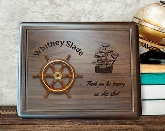 Ship Wheel on Walnut Plaque, Carved Sailing Ship Plaque, Retirement Gift for Men, Custom Quote Wooden Home Decor, Personalize Art Present