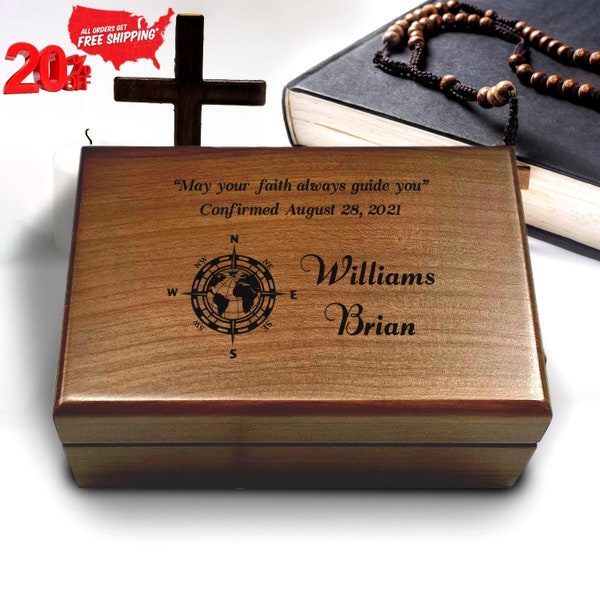 Engraved CONFIRMATION Wooden Box, Compasses with Scripture for First Communion Keepsake Box, BAPTISM GIFT for Boys, Bible Verse Gift