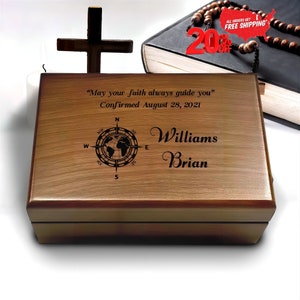 Engraved CONFIRMATION Wooden Box, Compasses with Scripture for First Communion Keepsake Box, BAPTISM GIFT for Boys, Bible Verse Gift