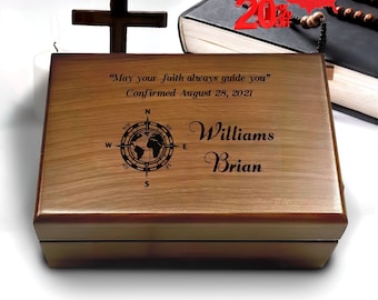 Engraved CONFIRMATION Wooden Box, Compasses with Scripture for First Communion Keepsake Box, BAPTISM GIFT for Boys, Bible Verse Gift