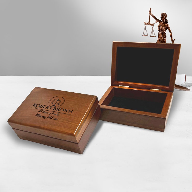 Personalized attorney memory box with custom engraving, ideal for safeguarding legal profession keepsakes and documents
