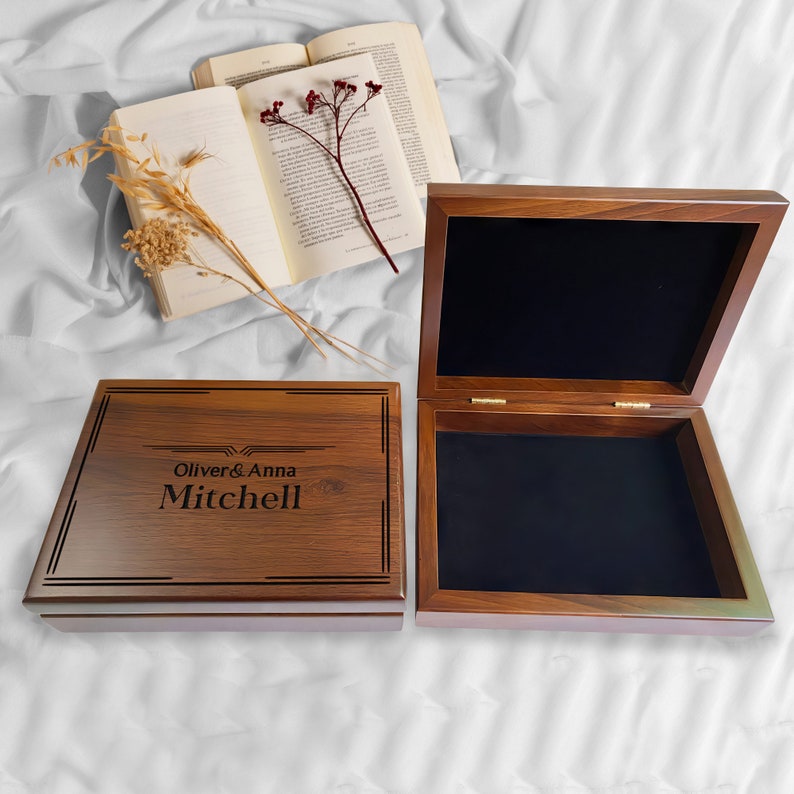 Engraved wooden box with customized names