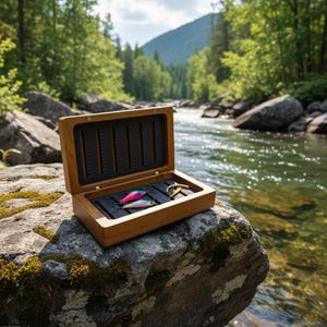 May include: A wooden tackle box with a black foam interior. The box is open and contains three fishing lures, two of which are pink and iridescent and one is yellow.