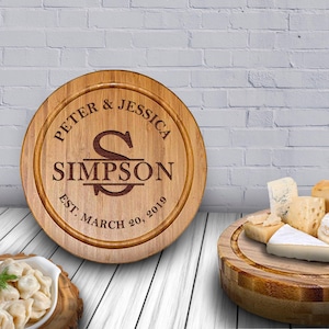 Round Wood Charcuterie Board and Cheese Serving Platter, Monogrammed for Wedding & Anniversary Gifts, Gift for Any Occasion