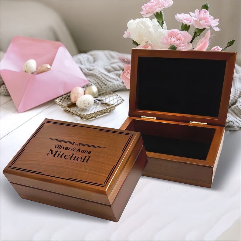 Engagement wooden box with intricate carvings, perfect for couples.