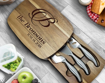 Custom Anniversary Cheese Board and Knife Set, Wood Serving Tray for Meat & Cheese for Newlywed Couples, Engraved Monogram Charcuterie Board