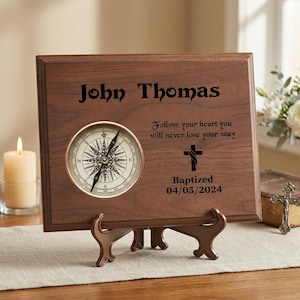 Elegant Compass on Walnut Board: Personalized Baptism Gift for Boy, Custom Christening Keepsake - 7×9 size