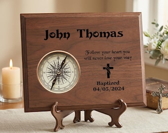 Elegant Compass on Walnut Board: Personalized Baptism Gift for Boy, Custom Christening Keepsake - 7×9 size