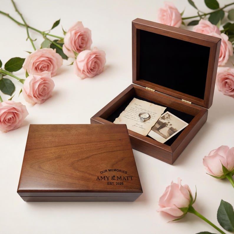 Luxury Walnut Wedding Keepsake Box, Personalized Couple Gift, Anniversary Memory Box