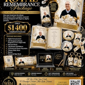 Luxury Funeral Memorial Package | Complete Celebration of Life Package |Funeral Bundle with Programs, Banner, Buttons, QR Board & Keepsakes