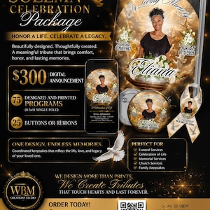 May include: A Solemn Celebration Package flyer featuring a memorial program, a digital announcement on a smartphone, a circular button, and a ribbon. The design includes a portrait of Eliana, white doves, floral accents, and gold text on a black background.