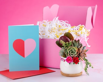Mini Succulent Arrangement: Ceramic Planter with Paper Roses, Gift Box Option