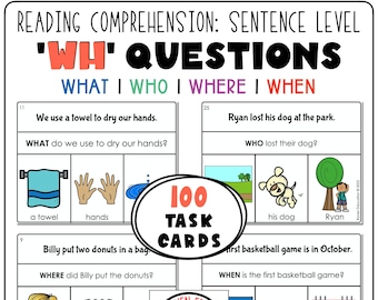 Sentence Level Reading Comprehension: WH-Questions (What / Who / Where / When) 100 Task Cards