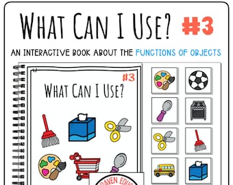 May include: A colorful interactive book titled "What Can I Use? #3" with illustrations of various objects, including a paint palette, a soccer ball, a spoon, a stove, scissors, a broom, a shopping cart, a tissue box, and a pair of glasses. The book is part of an interactive series about the functions of objects.