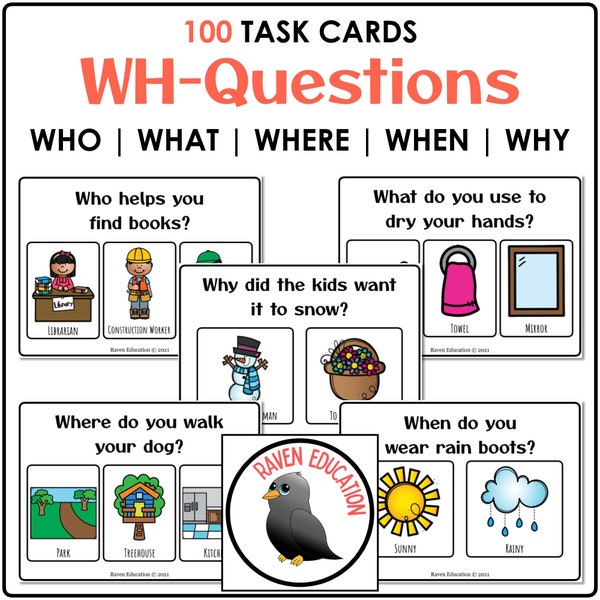 Preguntas WH: 100 tarjetas de tareas imprimibles (quién/qué/dónde/cuándo/por qué)