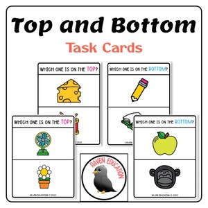 May include: A set of six task cards for young learners to practice identifying the top and bottom of an object. Each card features two images, one on top of the other, with the question "Which one is on the top?" or "Which one is on the bottom?" printed on the card. The images include a cheese wedge and pencil, a fan and drum, a flower and pot, an apple and monkey, and a bird and book.